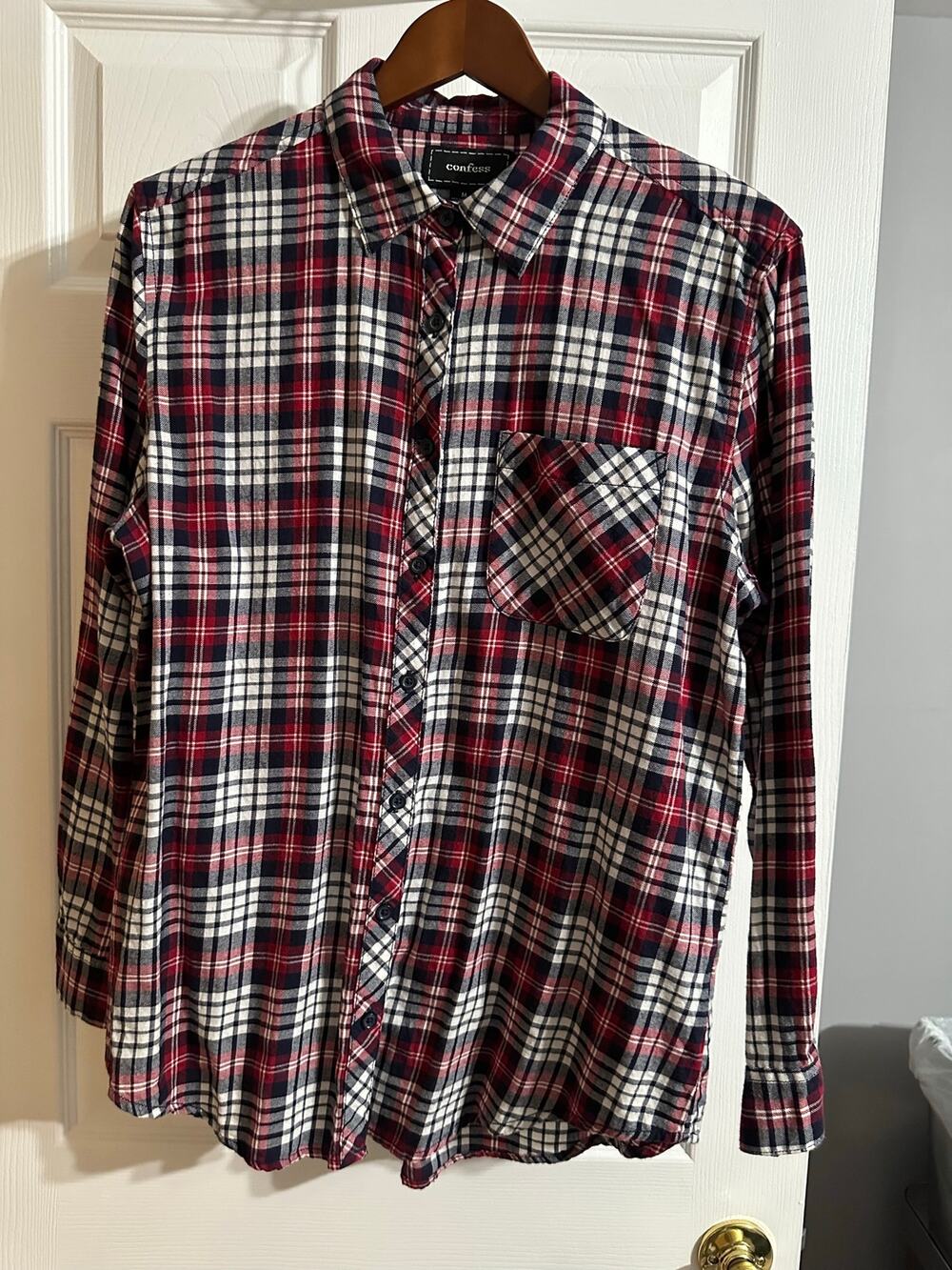Confess Plaid Flannel Button Down Shirt Red White Blue Med